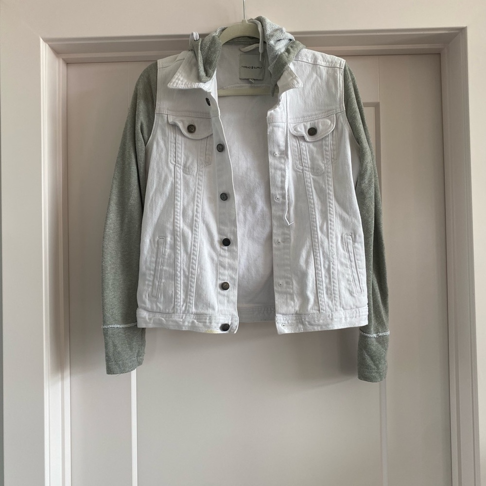 Thread & Supply White Denim Jacket with Gray Sweatshirt Detail